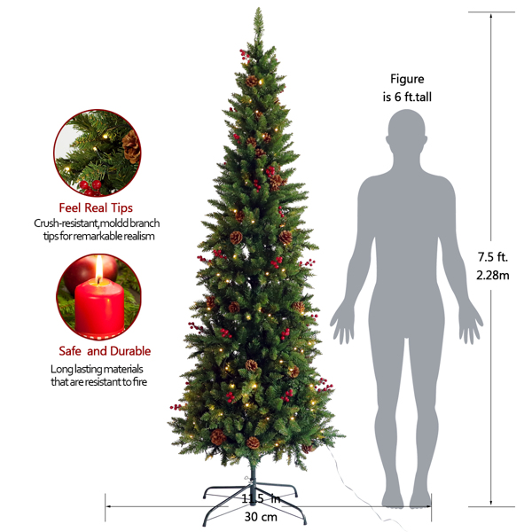 7.5ft Pre-Lit Artificial Christmas Tree with 1000 tips, 300 Lights, Pine Cones, Red Berriers, Metal Hinges & Base for Home, Office, Party, Holiday Decoration（No shipping on weekends.）