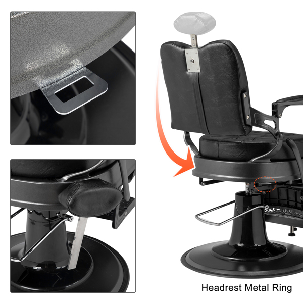 Heavy Duty Vintage Recline Barber Chair Hydraulic with Headrest, Supports up to 550lbs & 360°Rotatable, Professional Salon Beauty Spa Shampoo Equipment (Square Backrest) 