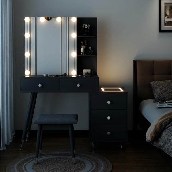 FCH Pitted Particle Board With Triamine Coating, Solid Wood Legs With Copper Sheath Decoration, 5 Drawers, 2-Layer Shelf, Mirror Cabinet With Strips, Led Three-Tone Lighting Panel, Three-Tone Lighting