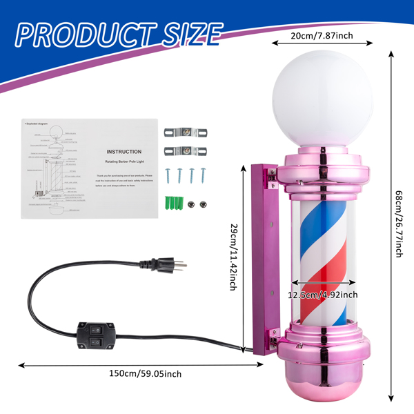 27" Barber Pole LED Light Pink,Classic Style Hair Salon Barber Shop Open Sign,Rotating Red White Blue LED Strips,IP44 Waterproof Save Energy 