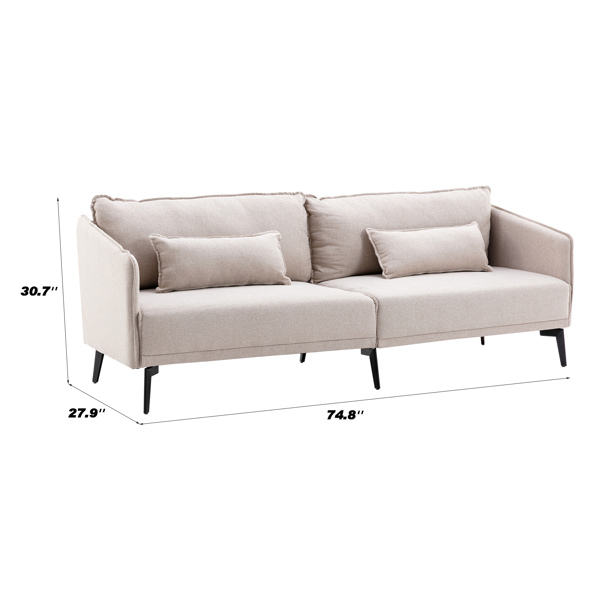 Beige Modern Fabric 3 Seater Sofa Couch Metal Leg Office Living Room W/2 Cushion