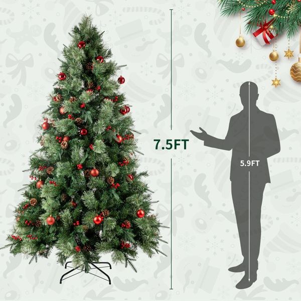 7.5ft Pre-Lit Artificial Flocked Christmas Tree with 350 LED Lights&1200 Branch Tips,Pine Cones& Berries