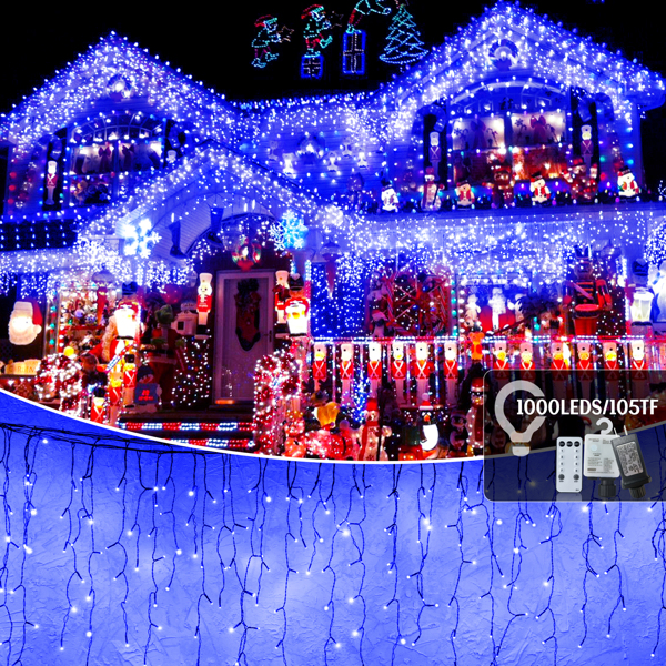 105ft Outdoor Christmas Decoration Lights,1000 LED 8 Modes Curtain Fairy Lights with 50 Drops,Plug in,Waterproof,Timer,Memory Function for Christmas Holiday Wedding Party Decorations