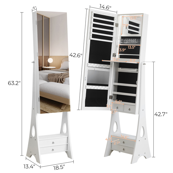 Full mirror wood flooring style with 2 large drawers, natural light strip, jewelry storage mirror cabinet - white