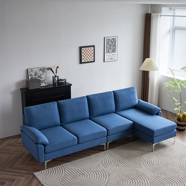 280 *140 *86cm L-Shaped Glossy With Iron Legs 4-Seater Indoor Modular Sofa Blue