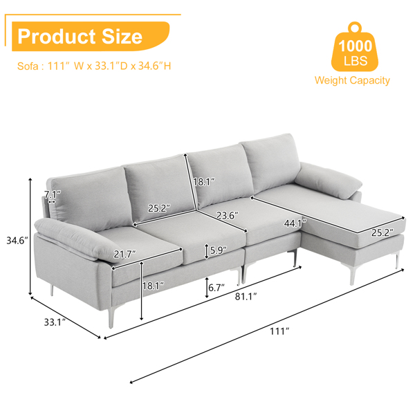 280 *140 *86cm L-Shaped Glossy With Iron Legs 4-Seater Indoor Modular Sofa Light Gray