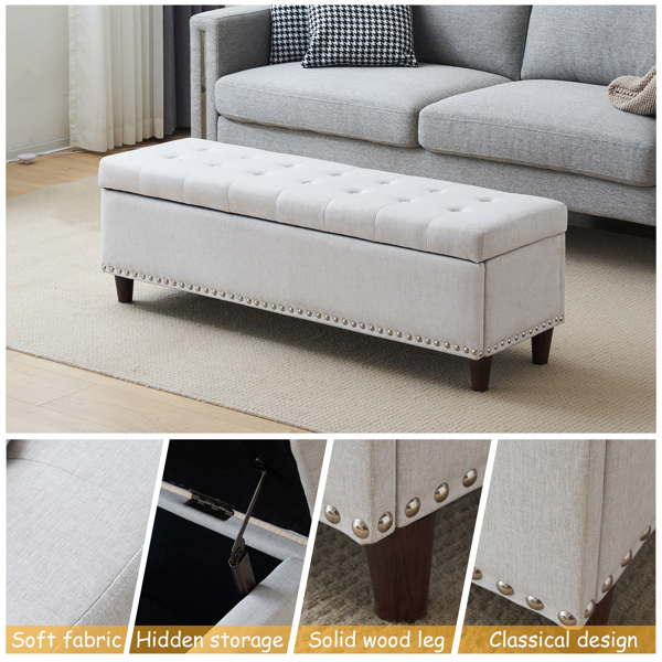 51 Inches 131*41*42cm Linen With Storage Copper Nails Bedside Stool Footstool Off-White