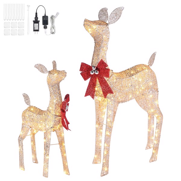 2-Piece Lighted Christmas Deer Family,  Outdoor Yard Decoration Set with 160 LEDs Warm White Light,Outdoor Patio Decor Holiday（No shipping on weekends.）