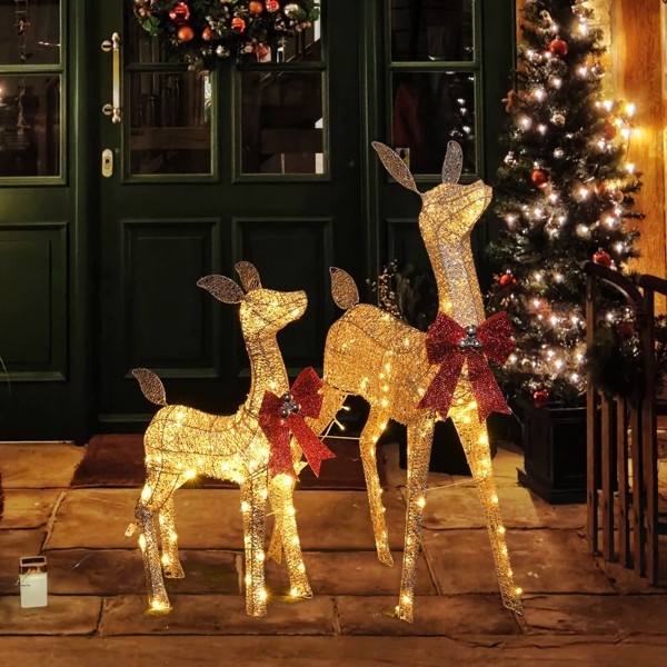 2-Piece Lighted Christmas Deer Family,  Outdoor Yard Decoration Set with 160 LEDs Warm White Light,Outdoor Patio Decor Holiday（No shipping on weekends.）