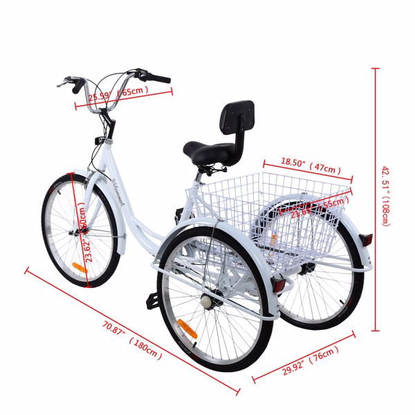 Adult Tricycle 24 inch Bike Cruiser Trike with Shopping Basket White