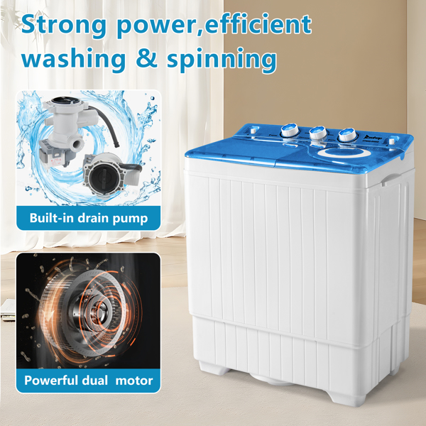 Twin Tub with Built-in Drain Pump XPB65-2288S 26Lbs Semi-automatic Twin Tube Washing Machine for Apartment, Dorms, RVs, Camping and More, White&Blue US Standard