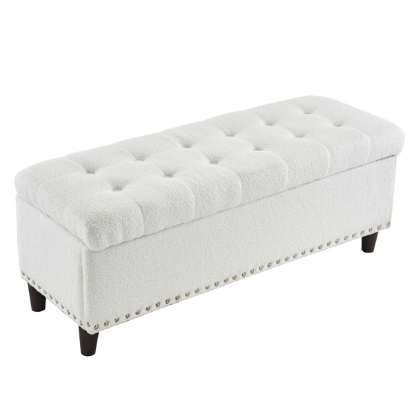 43 Inches 110*41*42cm Teddy Velvet With Storage Copper Nails Bedside Stool Footstool Off-White