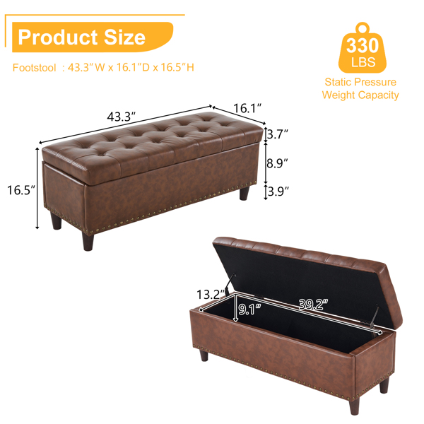 43 Inches 110*41*42cm Two-Color PU With Storage Copper Nails Bedside Stool Footstool Brown