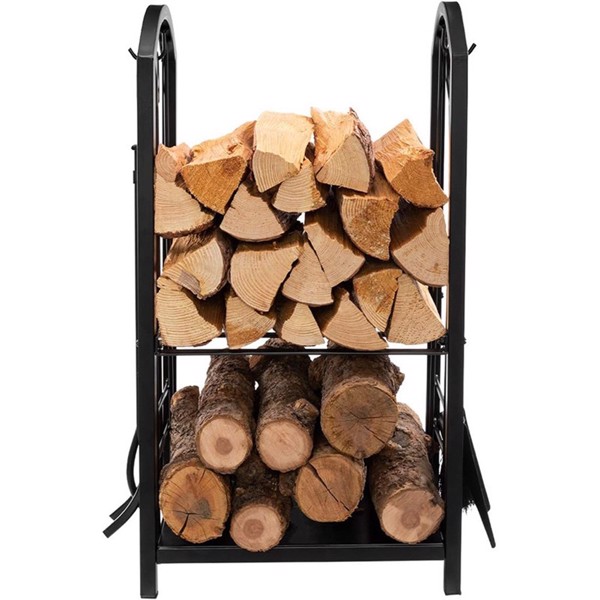 17.8L x11.8W x 29.3H in Wrought Iron Steel Frame Firewood Storage Holder with 4 Tools, Black