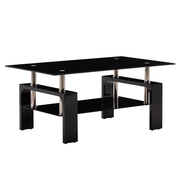 Black Modern Side Highlight Glass Top Coffee Table w/Shelf Living Room Rectangle