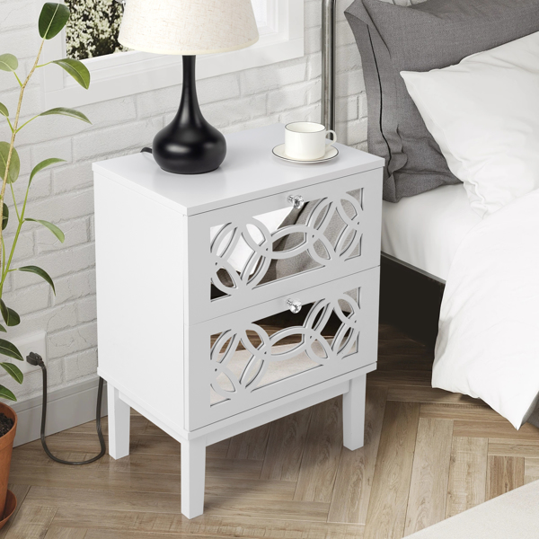 FCH 45*30*60cm MDF Spray Paint, Smoked Mirror, Two-Drawn Carving, Bedside Table, White