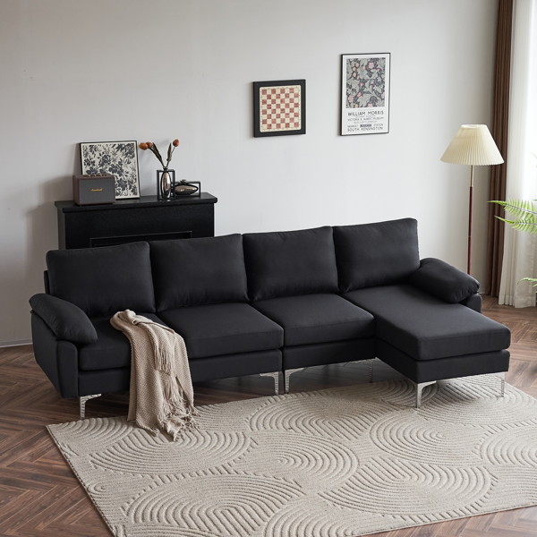 280 *140 *86cm L-Shaped Glossy With Iron Legs 4-Seater Indoor Modular Sofa Black