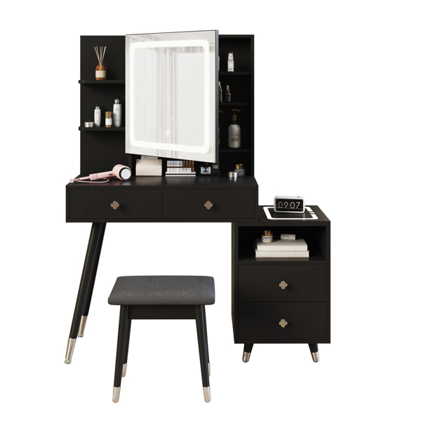 FCH Pitted Particle Board With Melamine Paste, Solid Wood Legs With Copper Sheath Decoration, 4 Drawers, 2-Layer Shelf, Mirror Cabinet With Strips, Led Three-Tone Light Panel, Led Three-Tone Light Mir