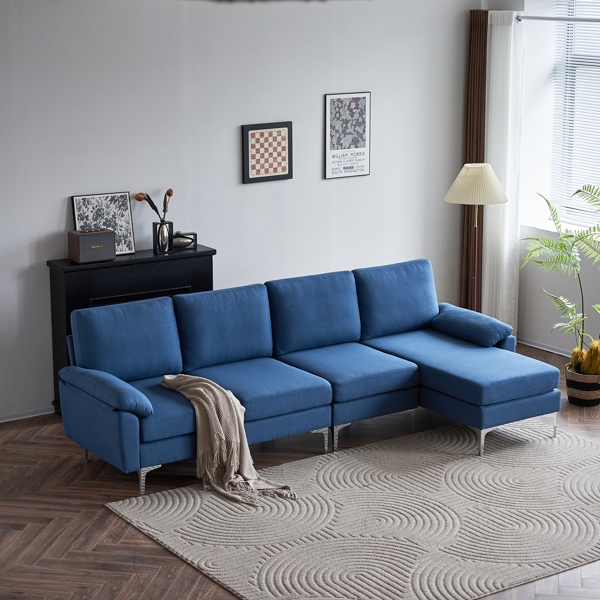  280 *140 *86cm L-Shaped Glossy With Iron Legs 4-Seater Indoor Modular Sofa Blue
