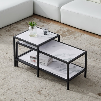 Modern Nesting coffee table Square & rectangle,Black metal frame with wood marble color top