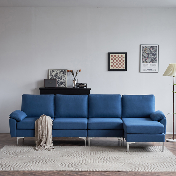 280 *140 *86cm L-Shaped Glossy With Iron Legs 4-Seater Indoor Modular Sofa Blue