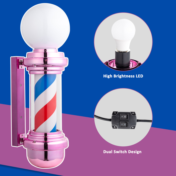 27" Barber Pole LED Light Pink,Classic Style Hair Salon Barber Shop Open Sign,Rotating Red White Blue LED Strips,IP44 Waterproof Save Energy 
