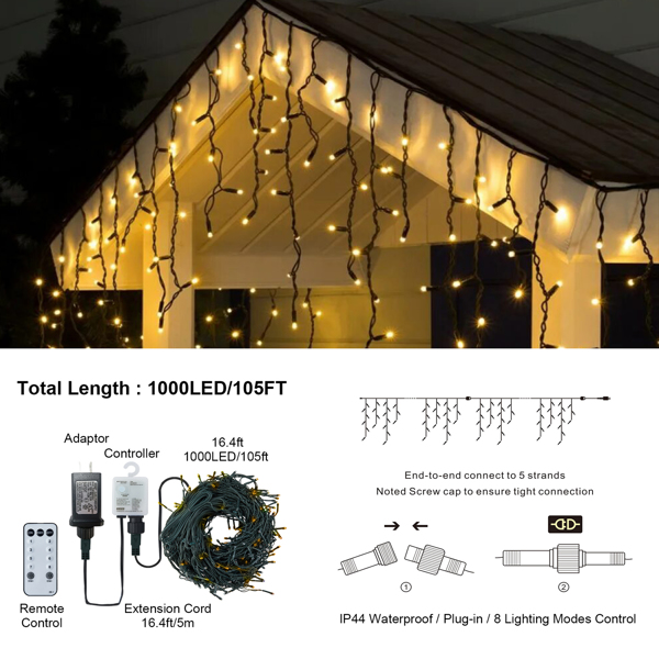 105ft Outdoor Christmas Decoration Lights,1000 LED 8 Modes Curtain Fairy Lights with 50 Drops,Plug in,Waterproof,Timer,Memory Function for Christmas Holiday Wedding Party Decorations