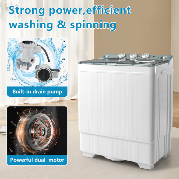 Twin Tub with Built-in Drain Pump XPB65-2288S 26Lbs Semi-automatic Twin Tube Washing Machine for Apartment, Dorms, RVs, Camping and More, White & Grey US Standard