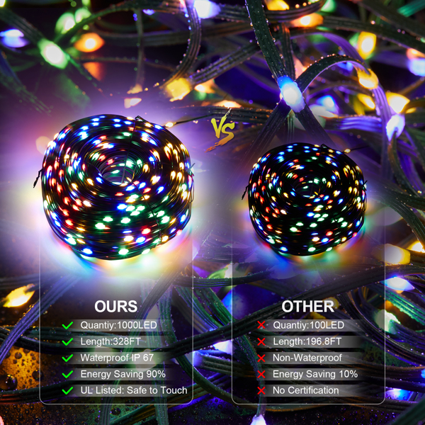 Christmas Rope Lights,1000LED/328Ft Outdoor Decorative String Strobe with 8 Modes/Remote/IP67 Waterproof/Timer/Memory Function for Xmas Holiday/Wedding/Party/DIY/Garden/Patio/Atmosphere Decor 