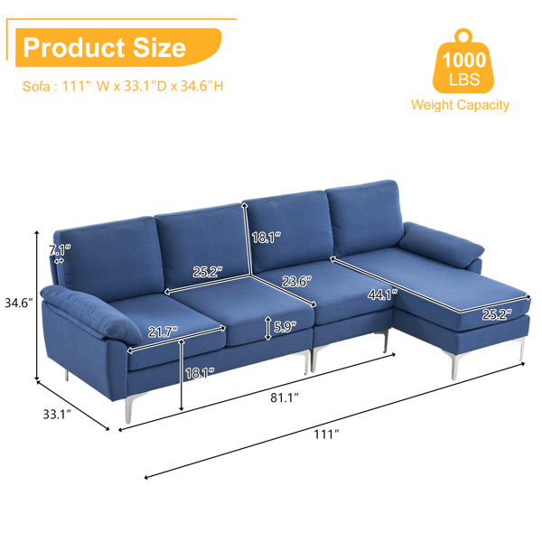  280 *140 *86cm L-Shaped Glossy With Iron Legs 4-Seater Indoor Modular Sofa Blue