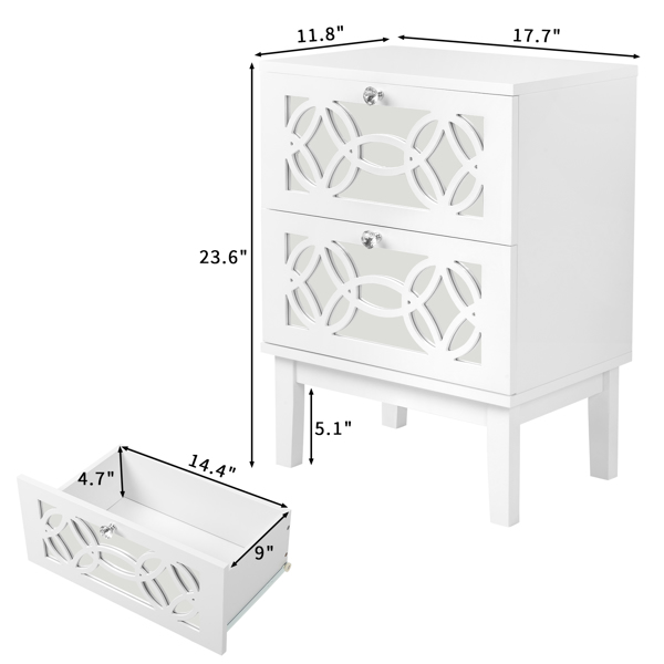 FCH 2pcs 45*30*60cm MDF Spray Paint, Smoked Mirror, Two-Drawn Carving, Bedside Table, White