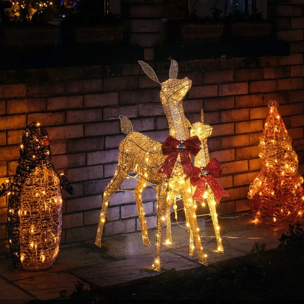 2-Piece Lighted Christmas Deer Family,  Outdoor Yard Decoration Set with 160 LEDs Warm White Light,Outdoor Patio Decor Holiday（No shipping on weekends.）