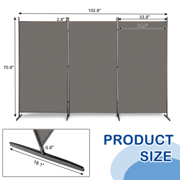 6FT Trifold 130g Polyester Fabric Plastic Foot Carbon Steel Frame Foldable Screen Gray