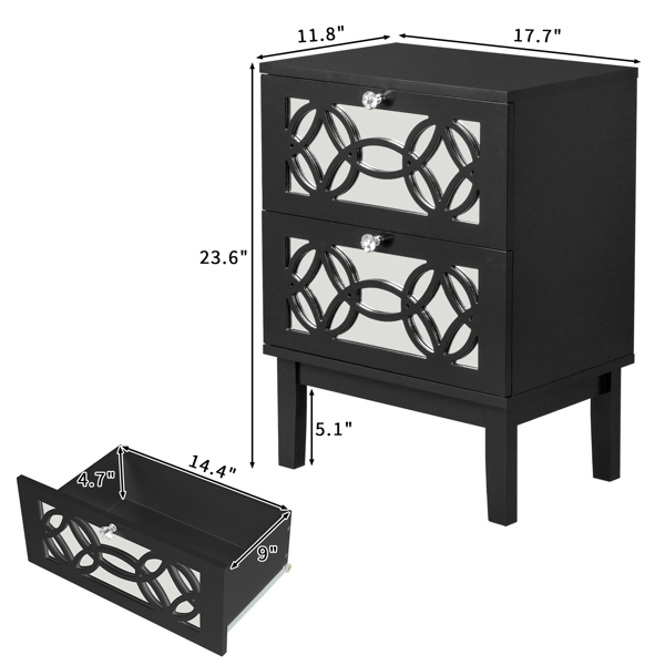 FCH 2pcs 45*30*60cm MDF Spray Paint, Smoked Mirror, Two-Drawn Carving, Bedside Table, Black