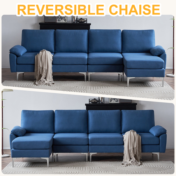 280 *140 *86cm L-Shaped Glossy With Iron Legs 4-Seater Indoor Modular Sofa Blue