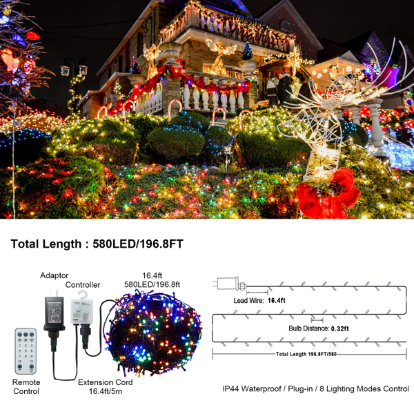 Christmas Lights Outdoor, 197 FT 580 LED Christmas Decorations Lights/Waterproof String Fairy Lights Plug in with 8 Modes and Timer Lights for Door/Yard/Party/Christmas Decor 