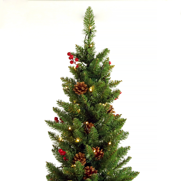 7.5ft Pre-Lit Artificial Christmas Tree with 1000 tips, 300 Lights, Pine Cones, Red Berriers, Metal Hinges & Base for Home, Office, Party, Holiday Decoration（No shipping on weekends.）