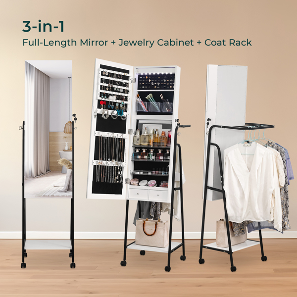Full mirror wood flooring style, with storage shelves, white light beads, detachable foldable hanging bar at the back, jewelry storage mirror cabinet - white