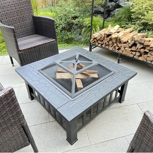 Fire Pit 32'' Wood Burning Firepit Metal Square Outdoor Fire Tables SteelFire Pit Bowl with Spark Screen Cover, Poker Log Grate for Patio Bonfire Camping Backyard Garden Picnic