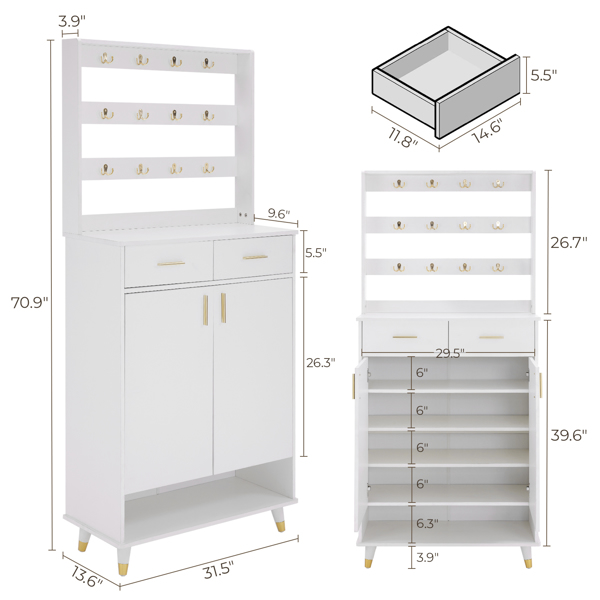 Entryway Bedroom Armoire,Shoe Cabinet,Wardrobe Armoire Closet, Drawers and Shelves,  Handles,  Hanging Rod, white