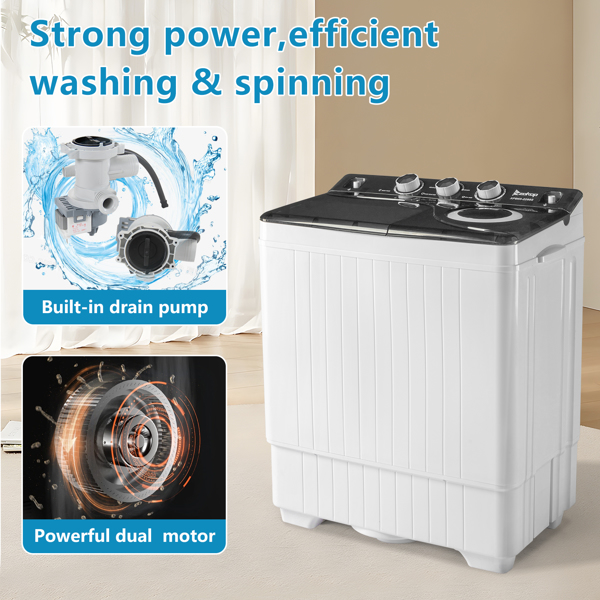 Twin Tub with Built-in Drain Pump XPB65-2288S 26Lbs Semi-automatic Twin Tube Washing Machine for Apartment, Dorms, RVs, Camping and More, White&Black US Standard