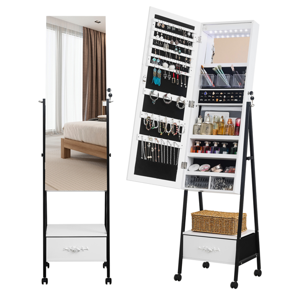 Full mirror wooden floor style, with 1 large drawer, 4 wheels, white light beads, jewelry storage mirror cabinet - white