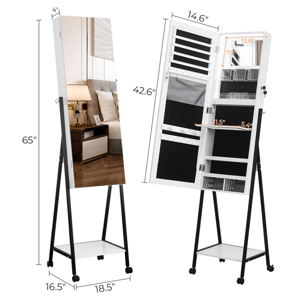 Full mirror wooden floor type, with 1 shelf, 4 wheels, white light strip, jewelry storage mirror cabinet - white