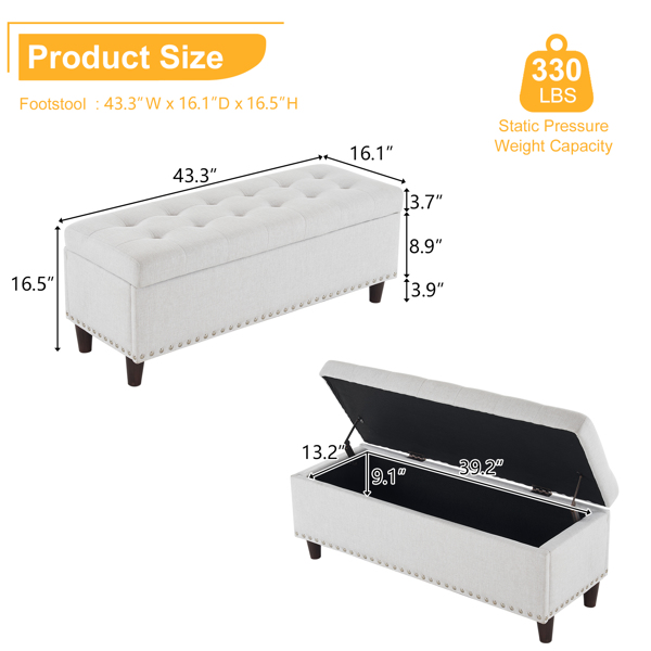 43 Inches 110*41*42cm Linen With Storage Copper Nails Bedside Stool Footstool Off-White