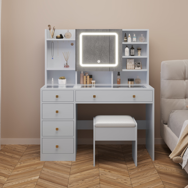 FCH Pitted Particleboard With Triamine Coating, Tempered Glass Table Top, 5 Drawers, With Shelves, With Hooks, With Mirror Cabinet, With Strips, With Led Three-Tone Dimming Mirror, Dressing Table Set,