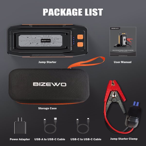 BIZEWO Jump Starter Battery Pack, 60W Quick Charge, 2000A Peak Car Battery Jump Starter Portable for Up to 8.0L Gas or 6.0L Diesel Engines, 12V Car Jump Starter Battery Booster with Foldable LED Light