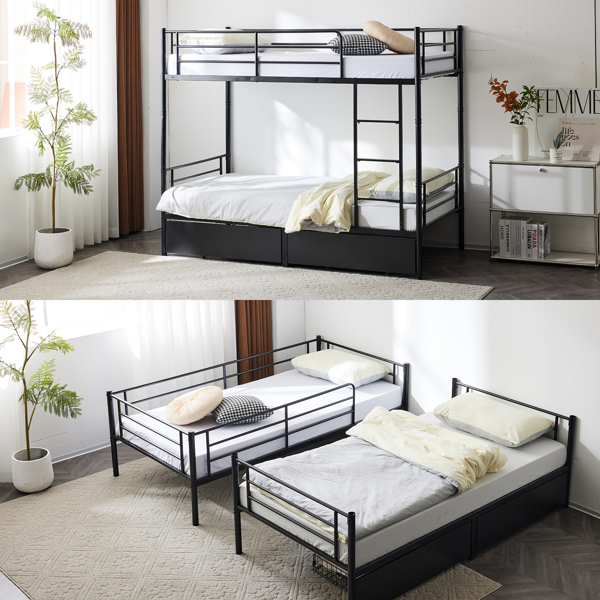 Twin Over Twin Convertible Bunk Bed with 2 Storage Drawers, Metal Bunk Bed Can be Divided Into Two Daybeds, Black