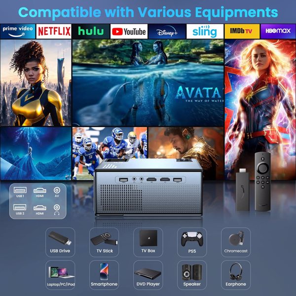 Projector with WiFi and Bluetooth, Projector 4K Support Native 1080P Projector, 5G WiFi FUDONI Outdoor Projector with 350 ANSI Max 300" Display, Movie Projector Compatible w/iOS/Android/Win/PS5, Black