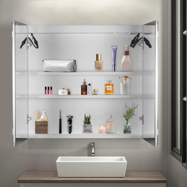 [FCH] LED Bathroom Wall Cabinet, Double Door Bathroom Mirror Cabinet, white