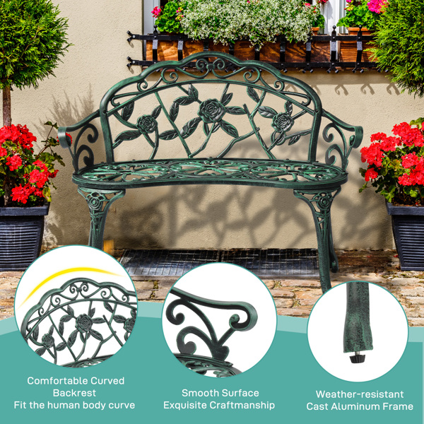 Outdoor Cast Aluminum Patio Bench, Porch Bench Chair with Curved Legs Rose Pattern, Antique Green